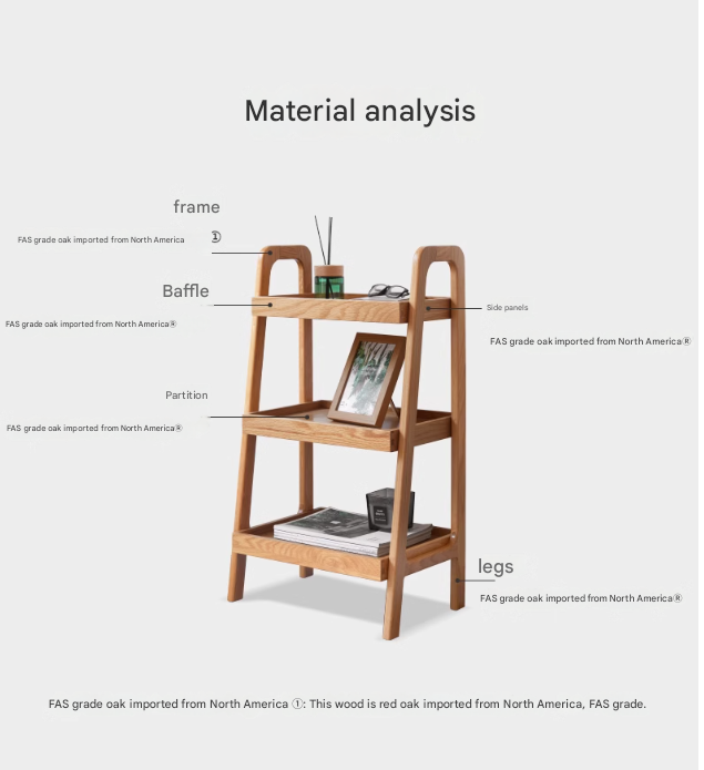 Oak Solid Wood Trapezoidal Three-Tier Bookshelf, Side Table