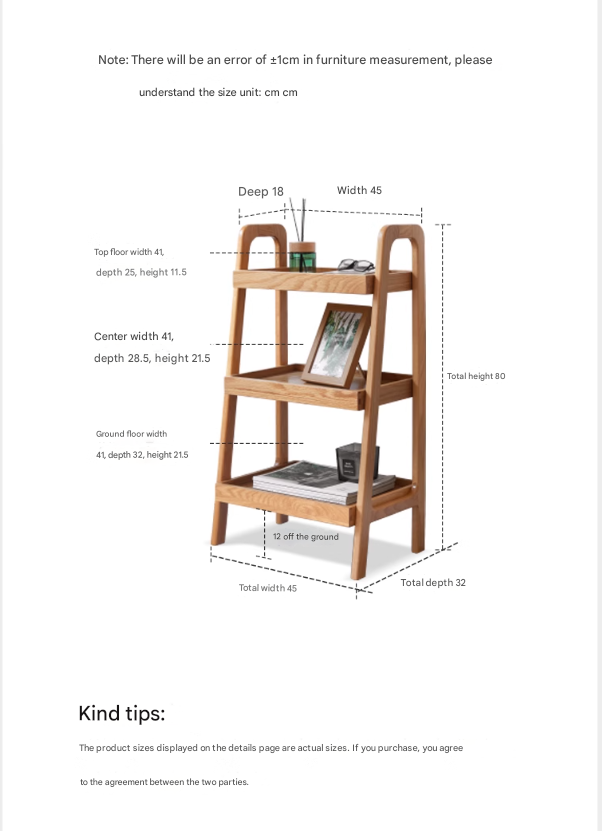 Oak Solid Wood Trapezoidal Three-Tier Bookshelf, Side Table
