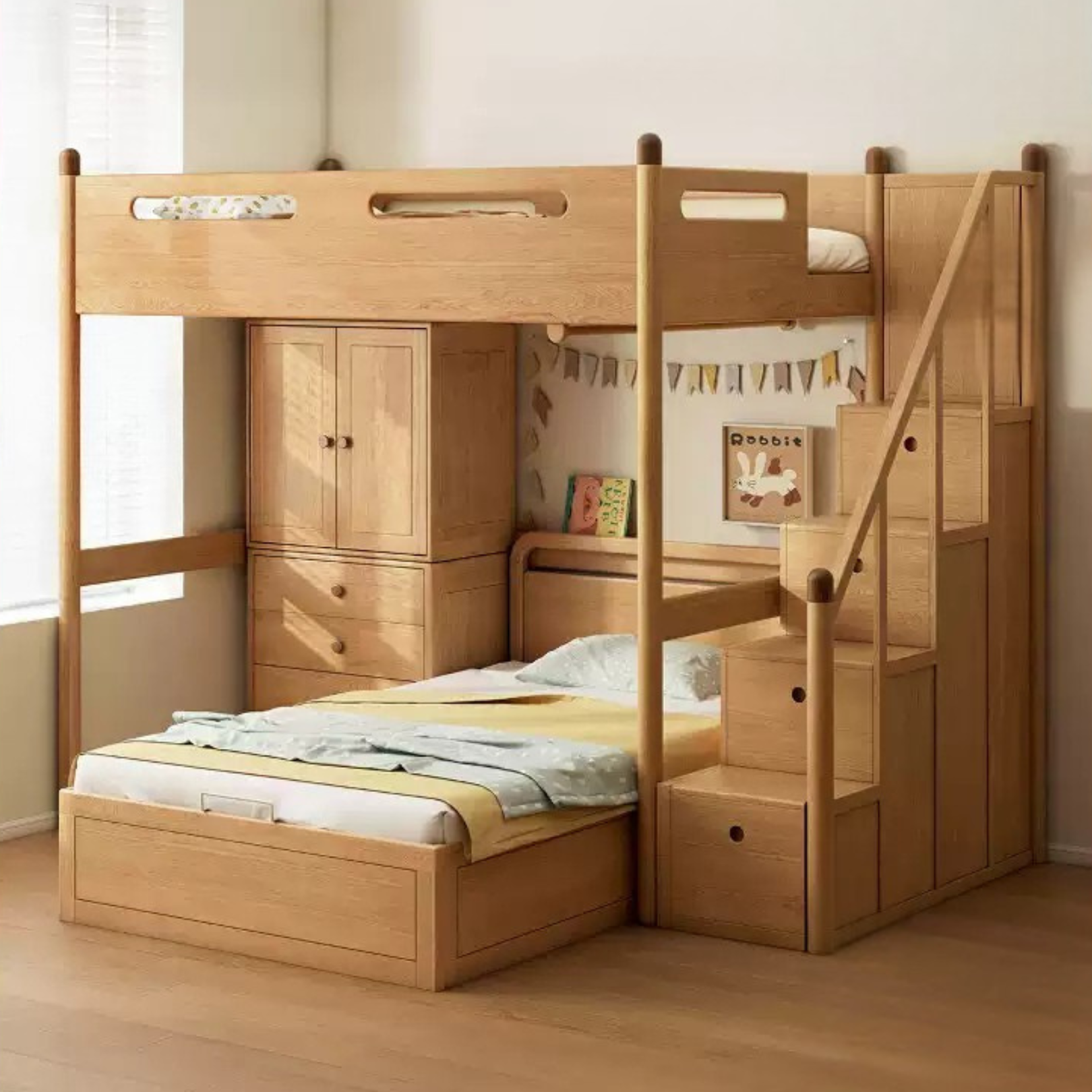 Oak solid wood Loft bed with cabinet
