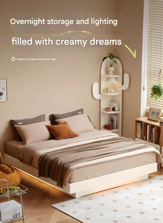 Rubber Solid Wood Suspended Box Platform Bed, Headboard-Free Bed