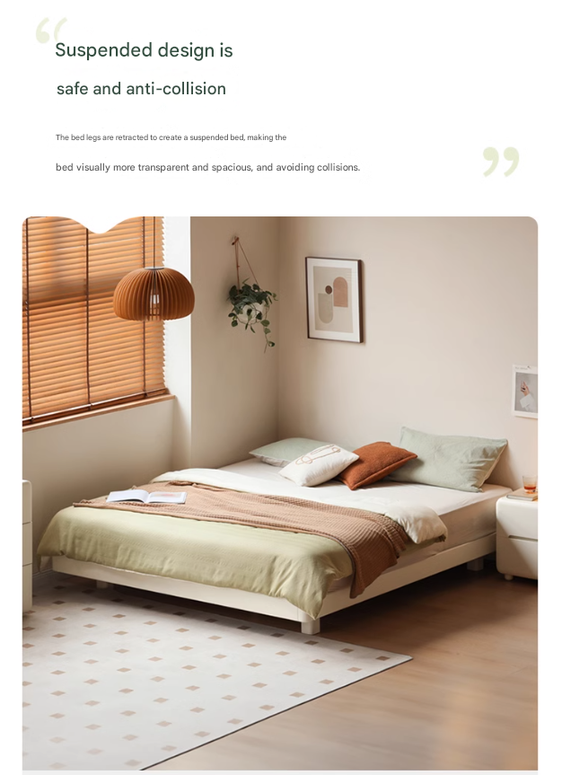Rubberwood Solid Wood White Cream Platform Bed, Headboard-Free Bed