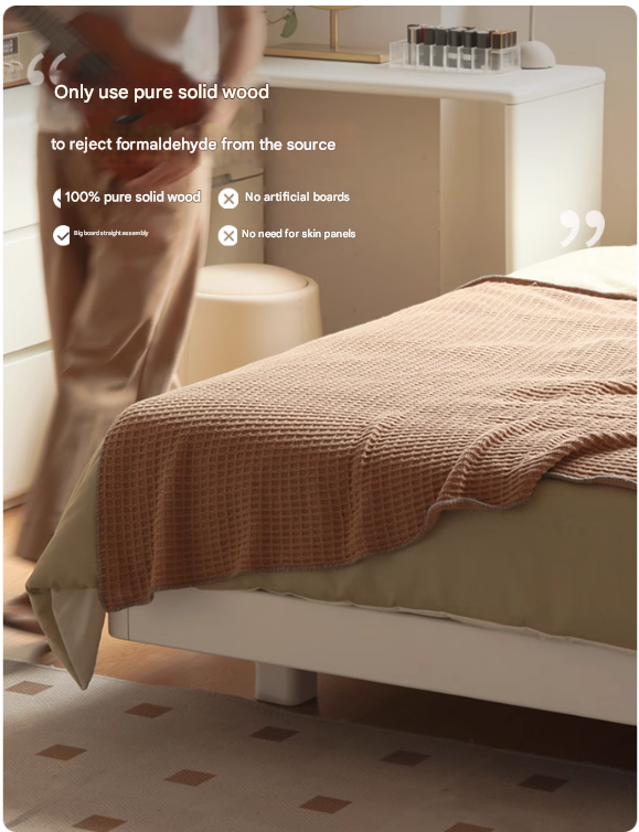 Rubberwood Solid Wood White Cream Platform Bed, Headboard-Free Bed
