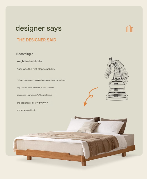 Cherry Wood Solid Wood Platform Bed, Headboard-Free Bed with Light