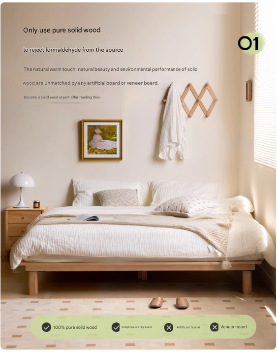 Beech Solid Wood platform bed, headboard-free bed