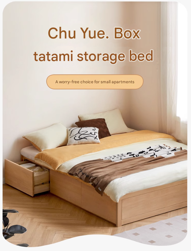 European Beech solid wood platform bed, headboard-free bed with drawer box bed.