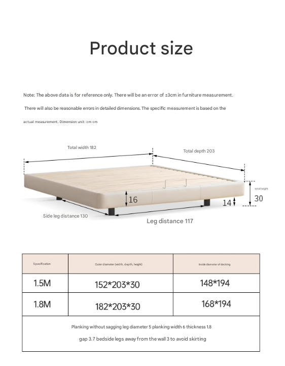 Leather platform bed, headboard-free floating bed cream style