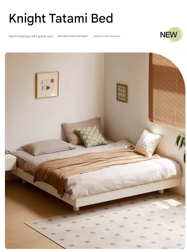 Oak solid wood platform bed, headboard-free bed cream style