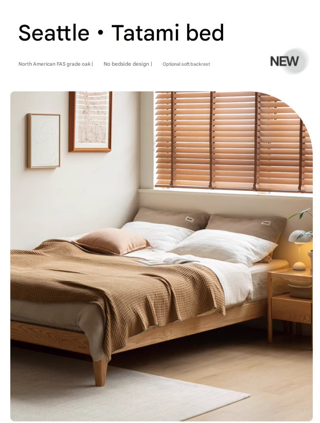 Oak, Ash Solid Wood Platform Bed, Headboard-Free Bed Modern Minimalist