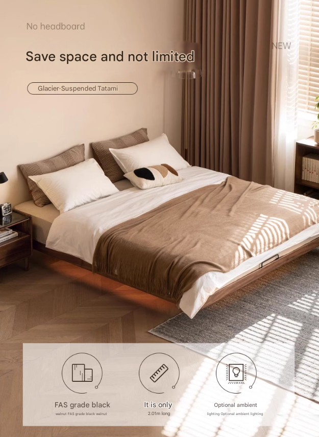 Black Walnut, Oak Solid Wood platform bed, headboard-free Suspended Bed