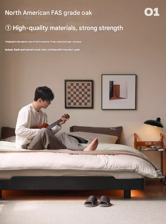 Oak, Rubberwood, Ash Solid Wood Suspended Platform Bed, Headboard-Free Bed Black with Light