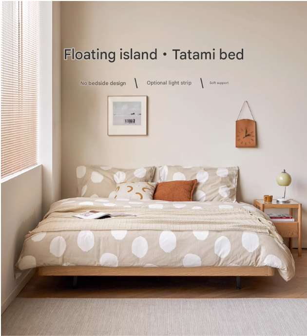 Oak Solid Wood platform bed, headboard-free bed Night Light Suspended Bed