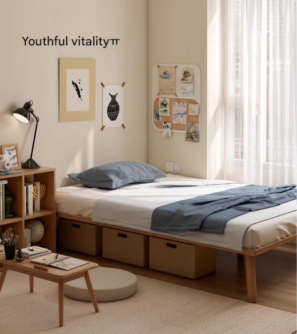 Oak solid wood platform bed, headboard-free bed