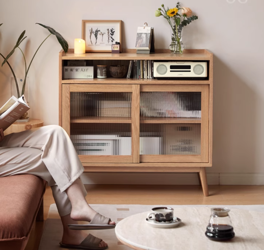 Oak Solid Wood, Solid RubberWood Sideboard Sliding Doors