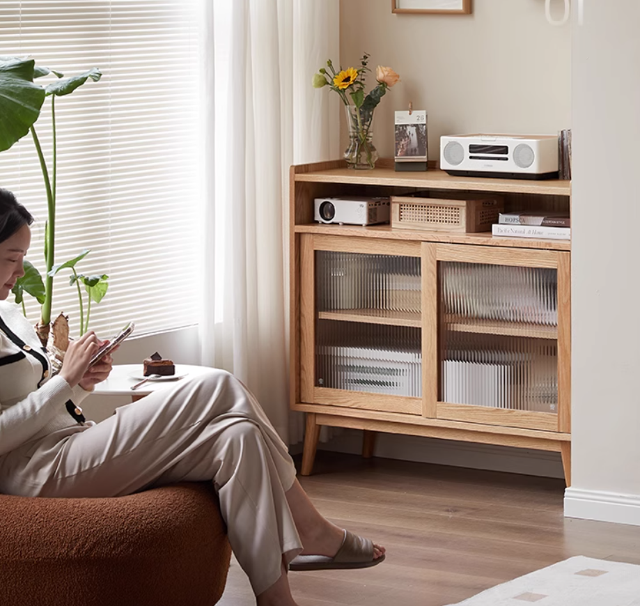 Oak Solid Wood, Solid RubberWood Sideboard Sliding Doors