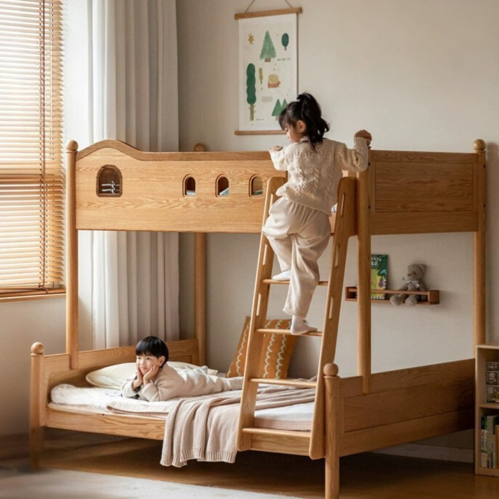 Oak Solid Wood Children's Bunk Bed.