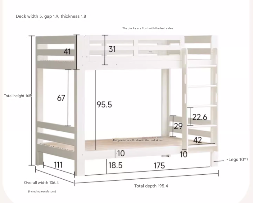Rubber wood, Beech Solid Wood Children's Bunk Bed Cream Style White.