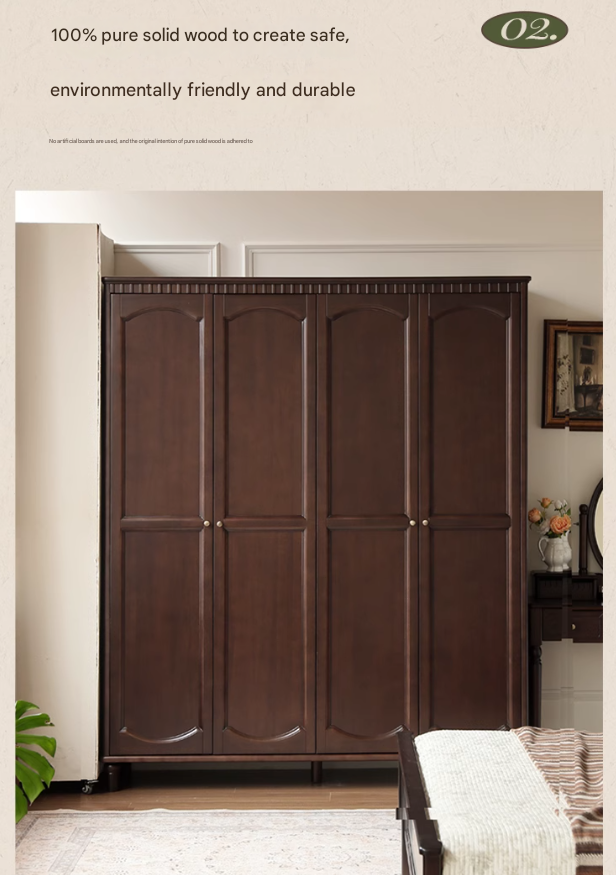 Poplar Solid Wood American Retro Double Door Wardrobe.