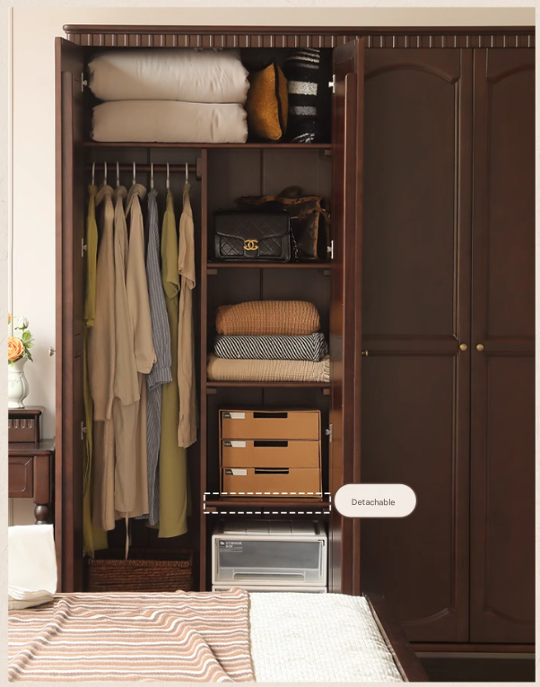 Poplar Solid Wood American Retro Double Door Wardrobe.