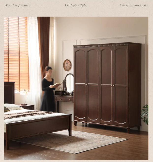 Poplar Solid Wood American Retro Double Door Wardrobe.