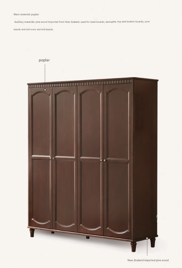 Poplar Solid Wood American Retro Double Door Wardrobe.