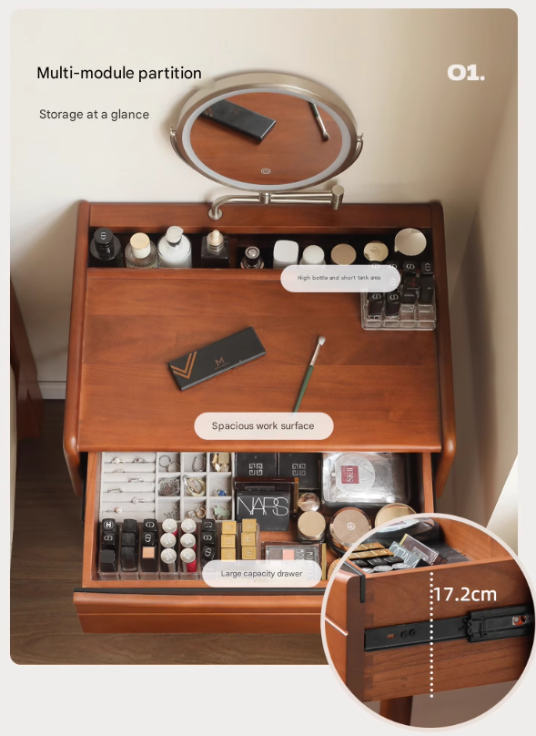 Poplar Solid Wood Multi Functional Retro Dressing Table.