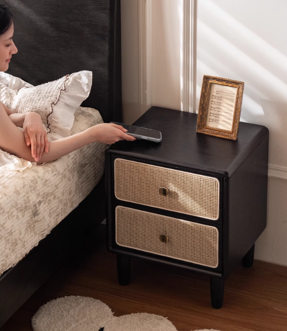 Solid RubberWood Vintage Black Nightstand