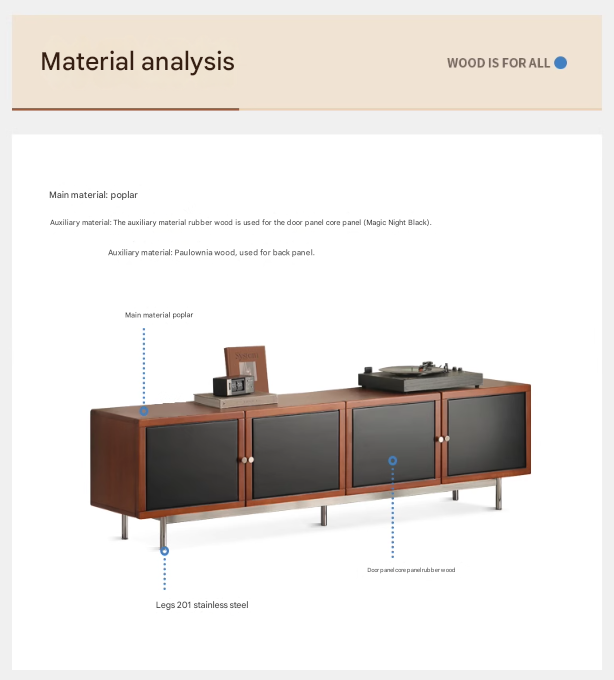 Poplar Solid Wood Bauhaus Storage Floor TV Cabinet