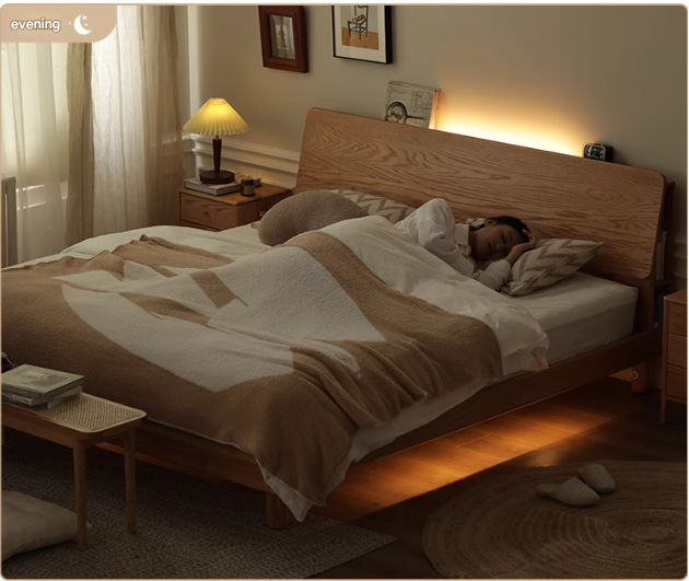 Oak Solid Wood Soft Light With Bookshelf Bed