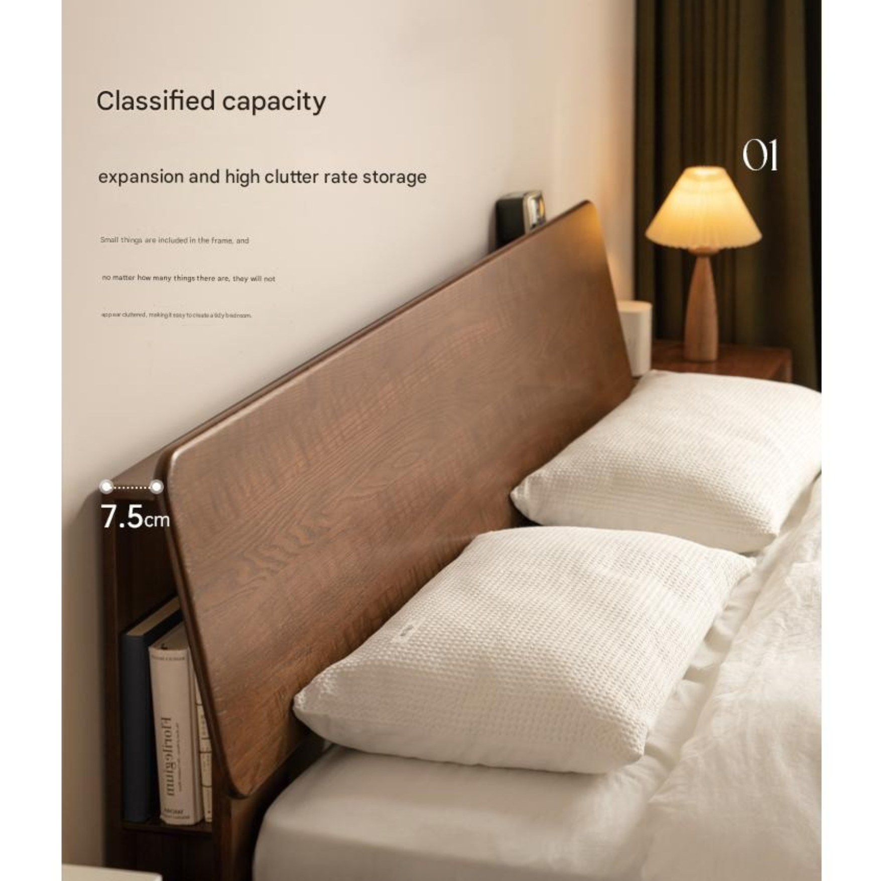 Oak solid wood bed with light, storage space