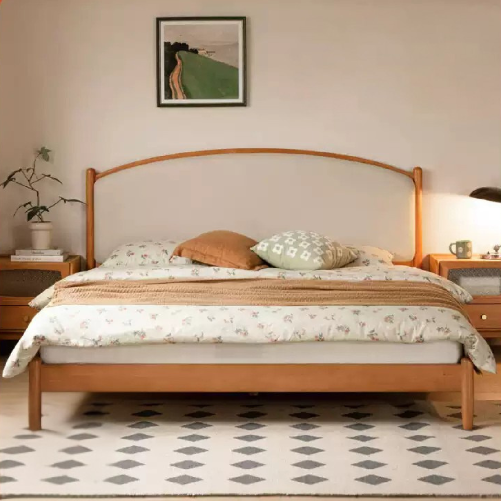 Cherry Solid Wood Bed Technology cloth Cream Style