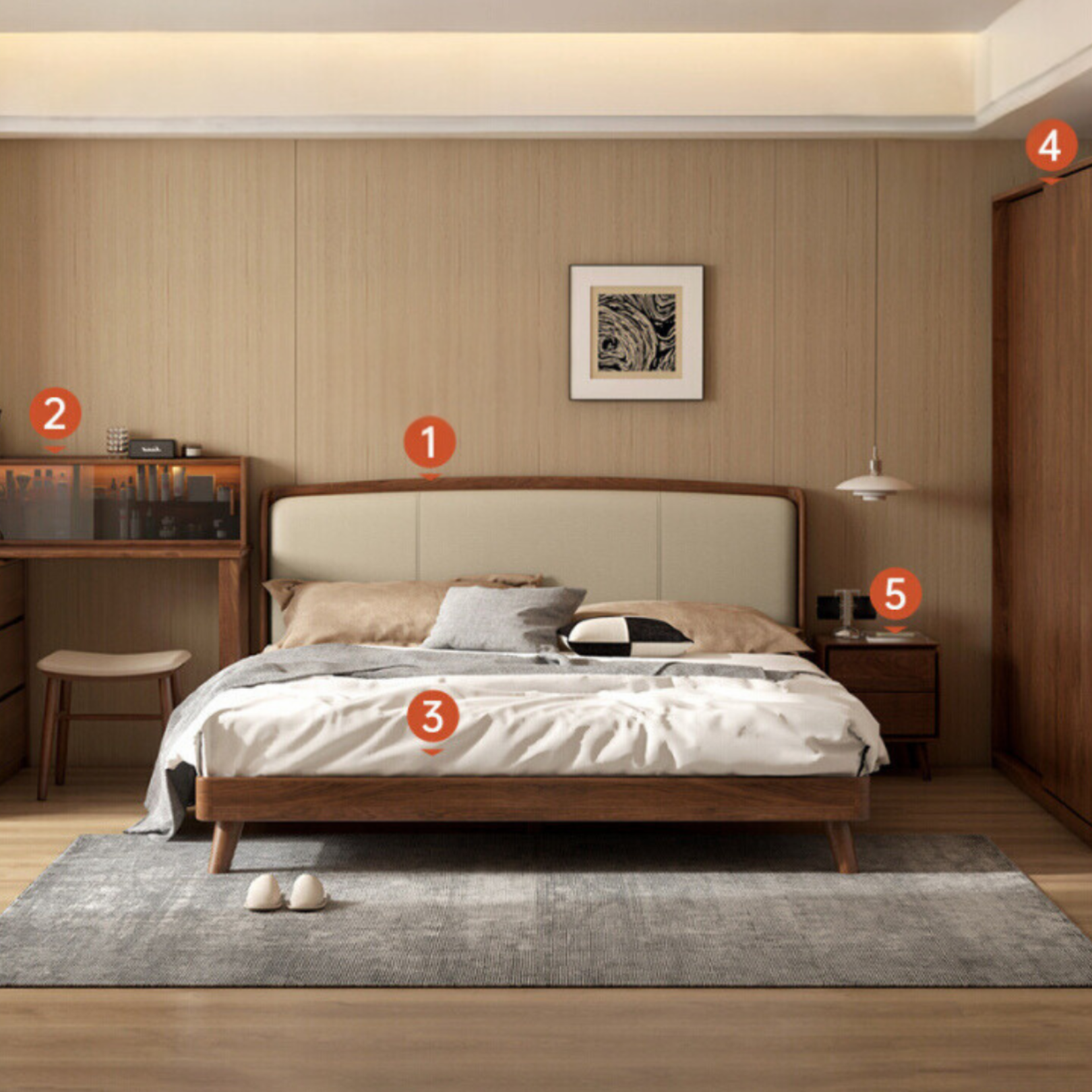 Black Walnut Solid Wood Leather Bed Bedroom Black Walnut Furniture Combination set