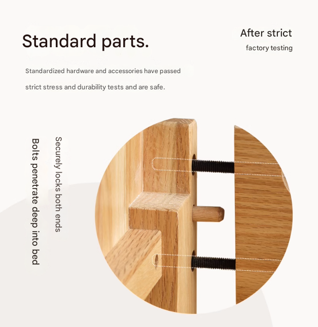 Oak, Beech solid wood bed with light and bookshelf