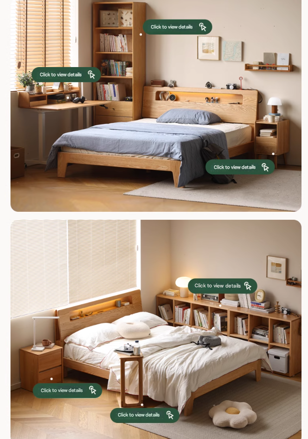 Oak, Beech solid wood bed with light and bookshelf