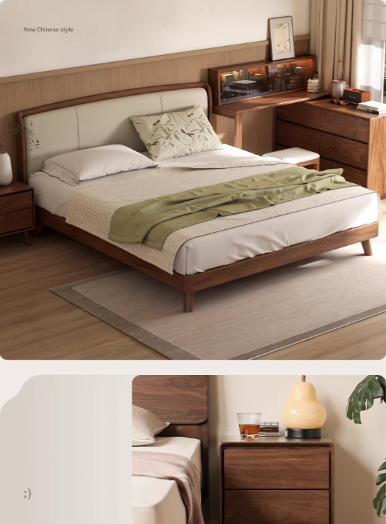 Black Walnut Solid Wood Leather Bed Bedroom Black Walnut Furniture Combination set