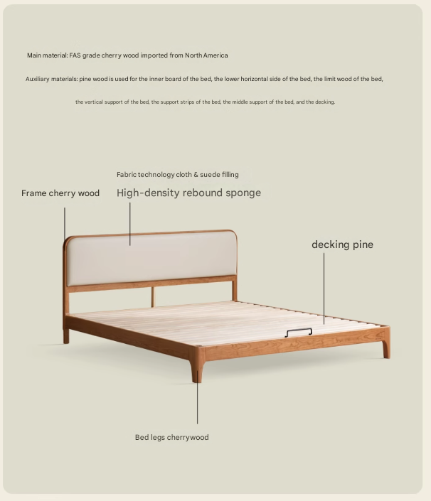 Cherry Solid Wood Technology Fabric Soft modern Bed