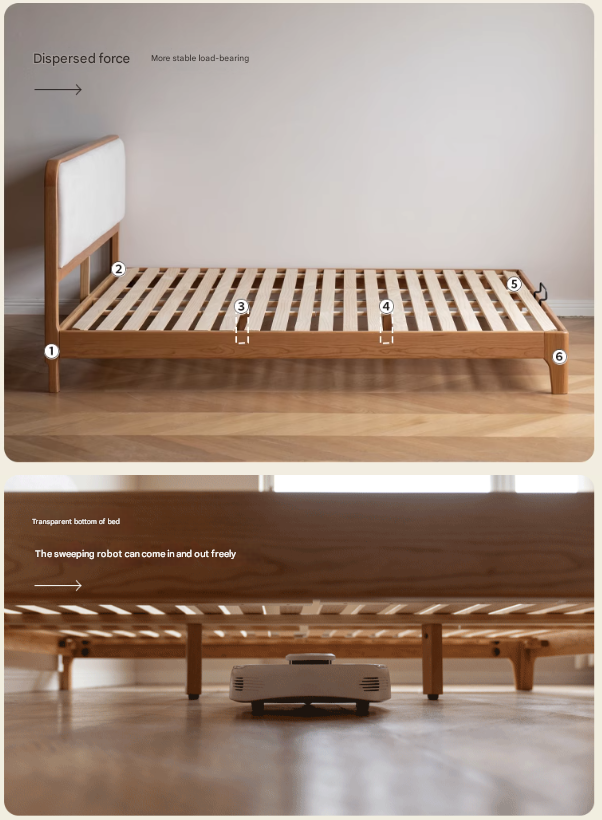 Cherry Solid Wood Bed — Modern Minimalist Upholstered Design