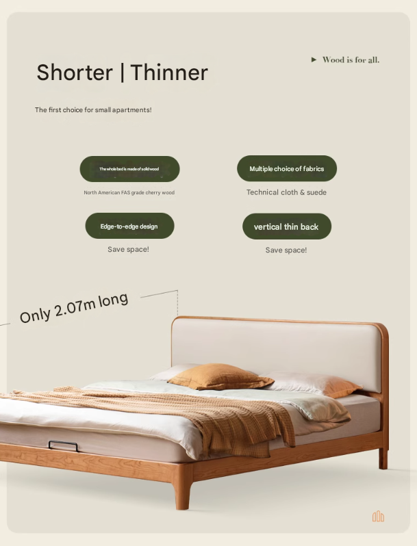 Cherry Solid Wood Bed — Modern Minimalist Upholstered Design