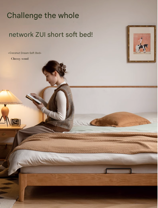 Cherry Solid Wood Technology Fabric Soft modern Bed