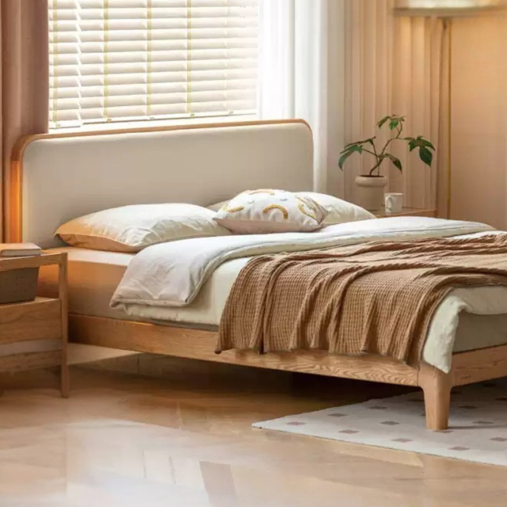 Oak Solid Wood Bed Technology Fabric,suede