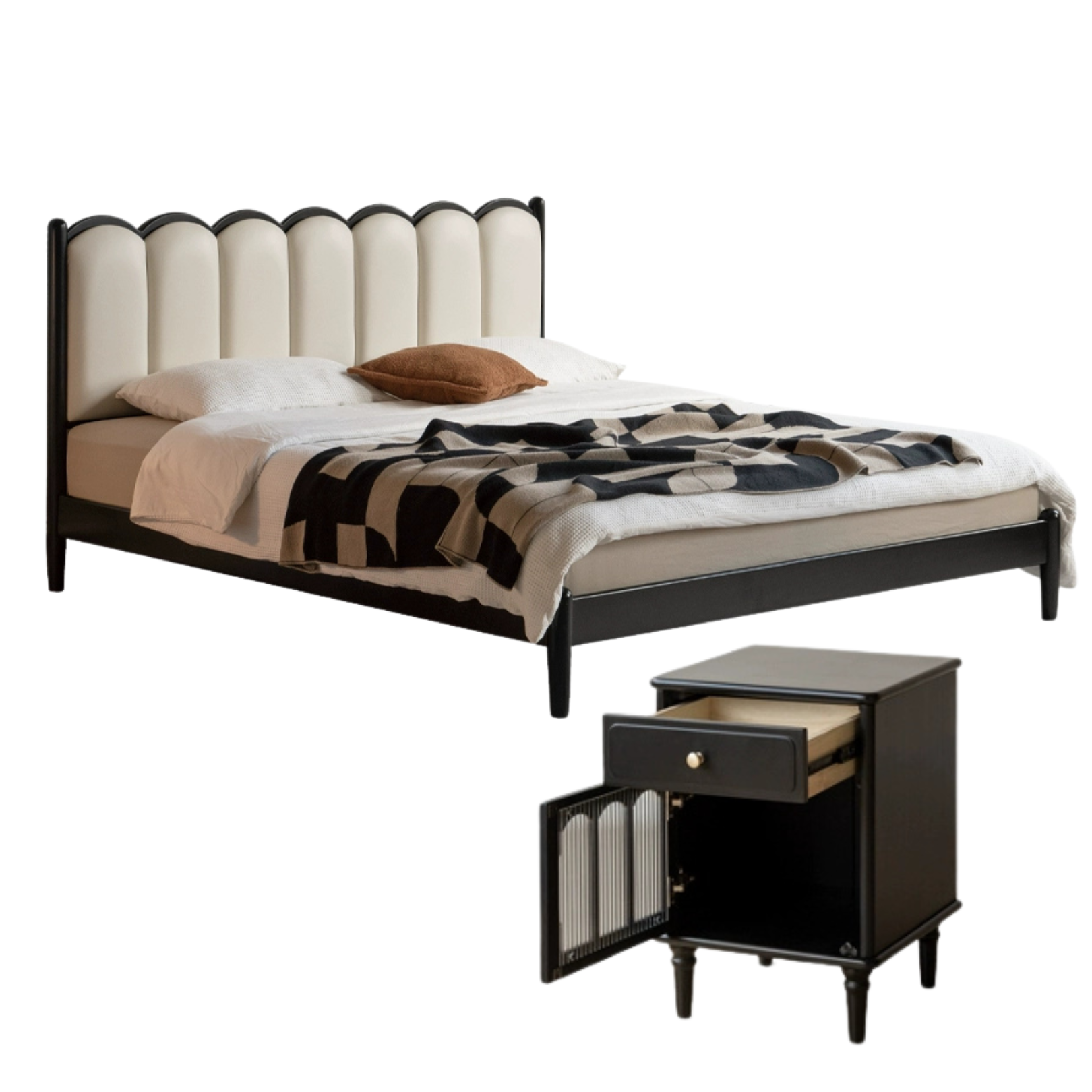 Rubber wood, Poplar Solid Wood Bed French Retro Style Black Harp Bed