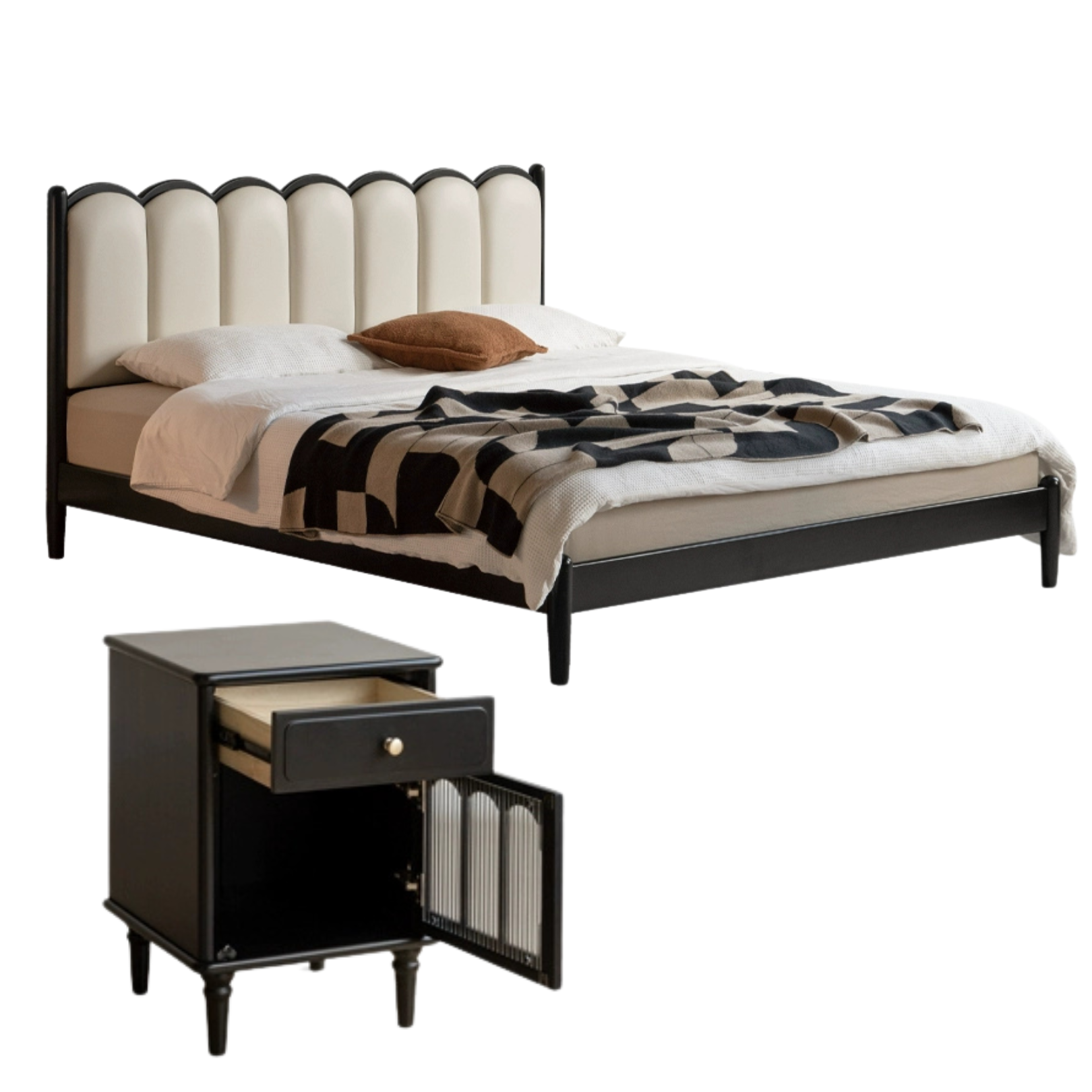 Rubber wood, Poplar Solid Wood Bed French Retro Style Black Harp Bed