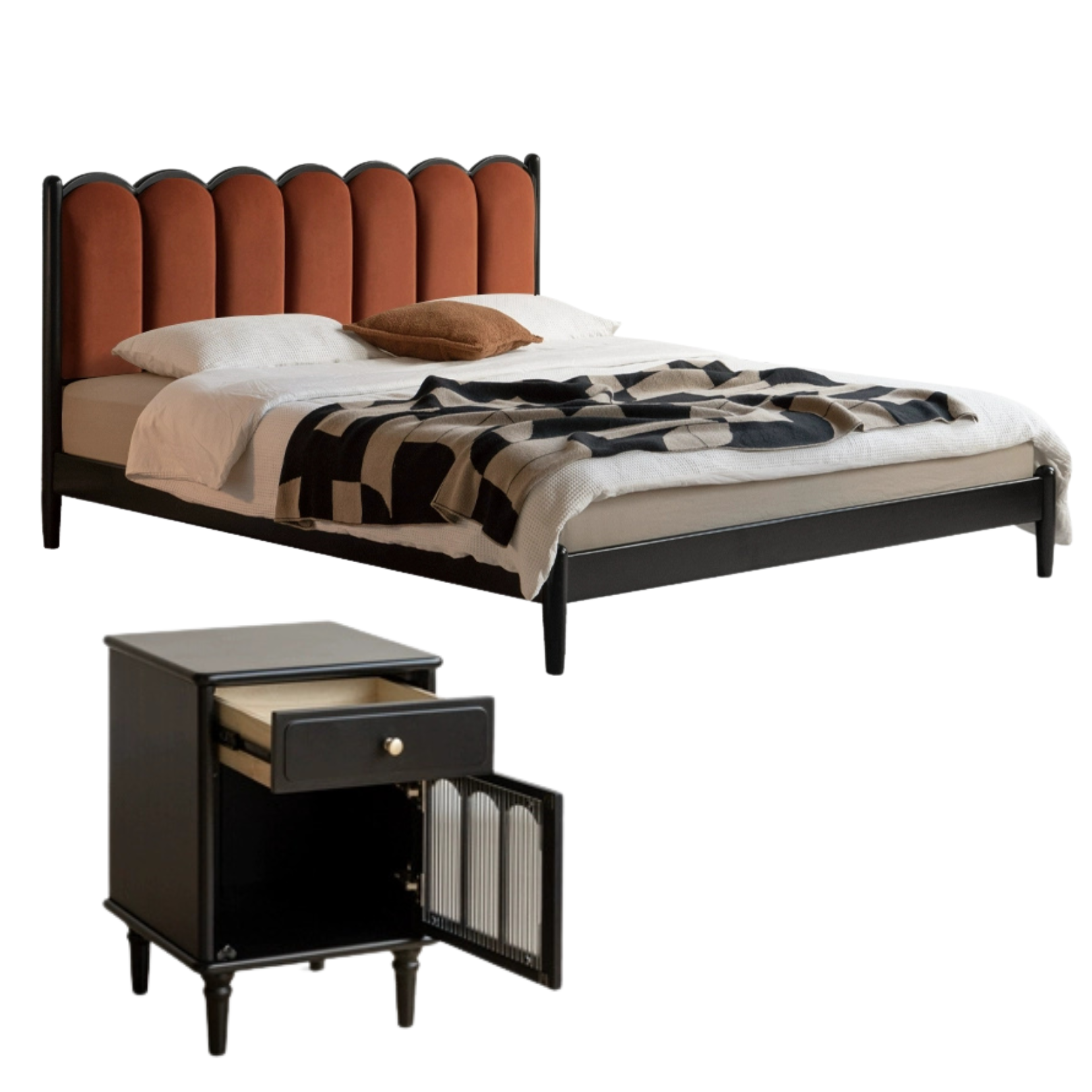 Rubber wood, Poplar Solid Wood Bed French Retro Style Black Harp Bed