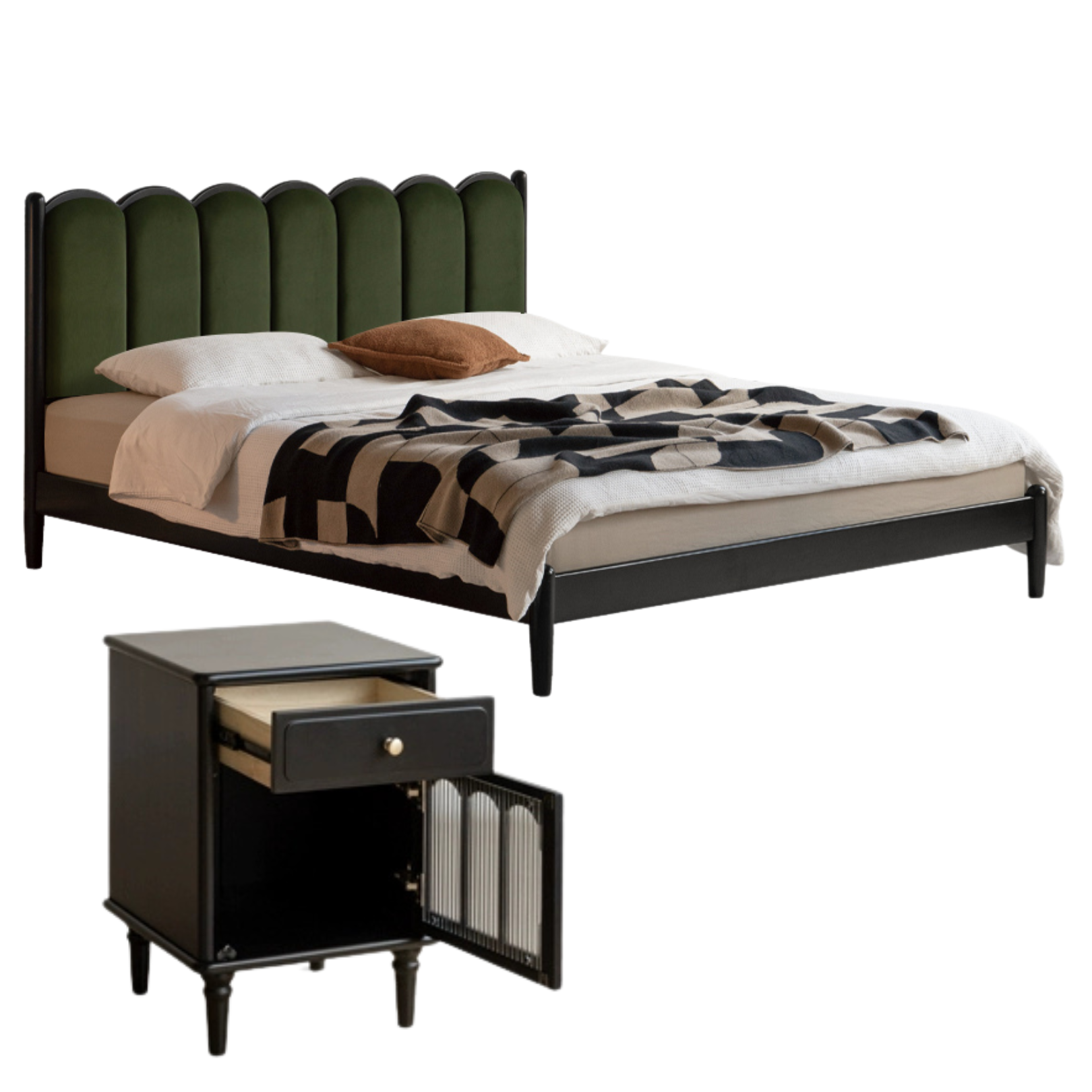 Rubber wood, Poplar Solid Wood Bed French Retro Style Black Harp Bed
