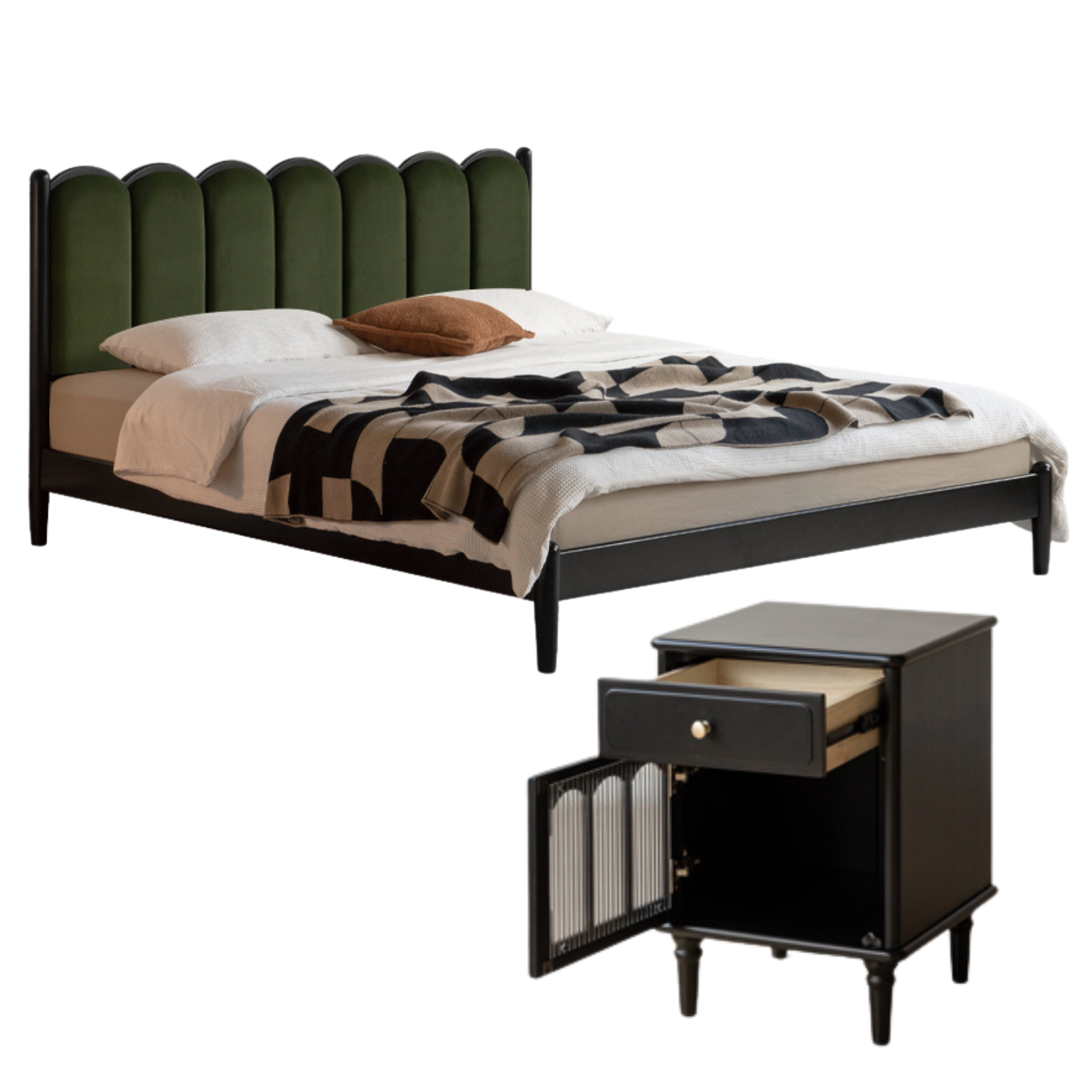 Rubber wood, Poplar Solid Wood Bed French Retro Style Black Harp Bed