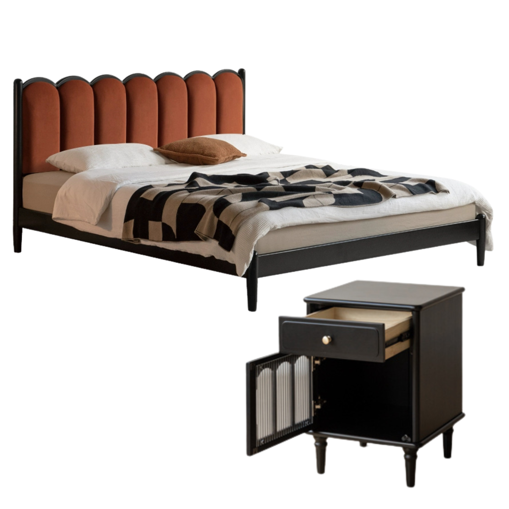 Rubber wood, Poplar Solid Wood Bed French Retro Style Black Harp Bed