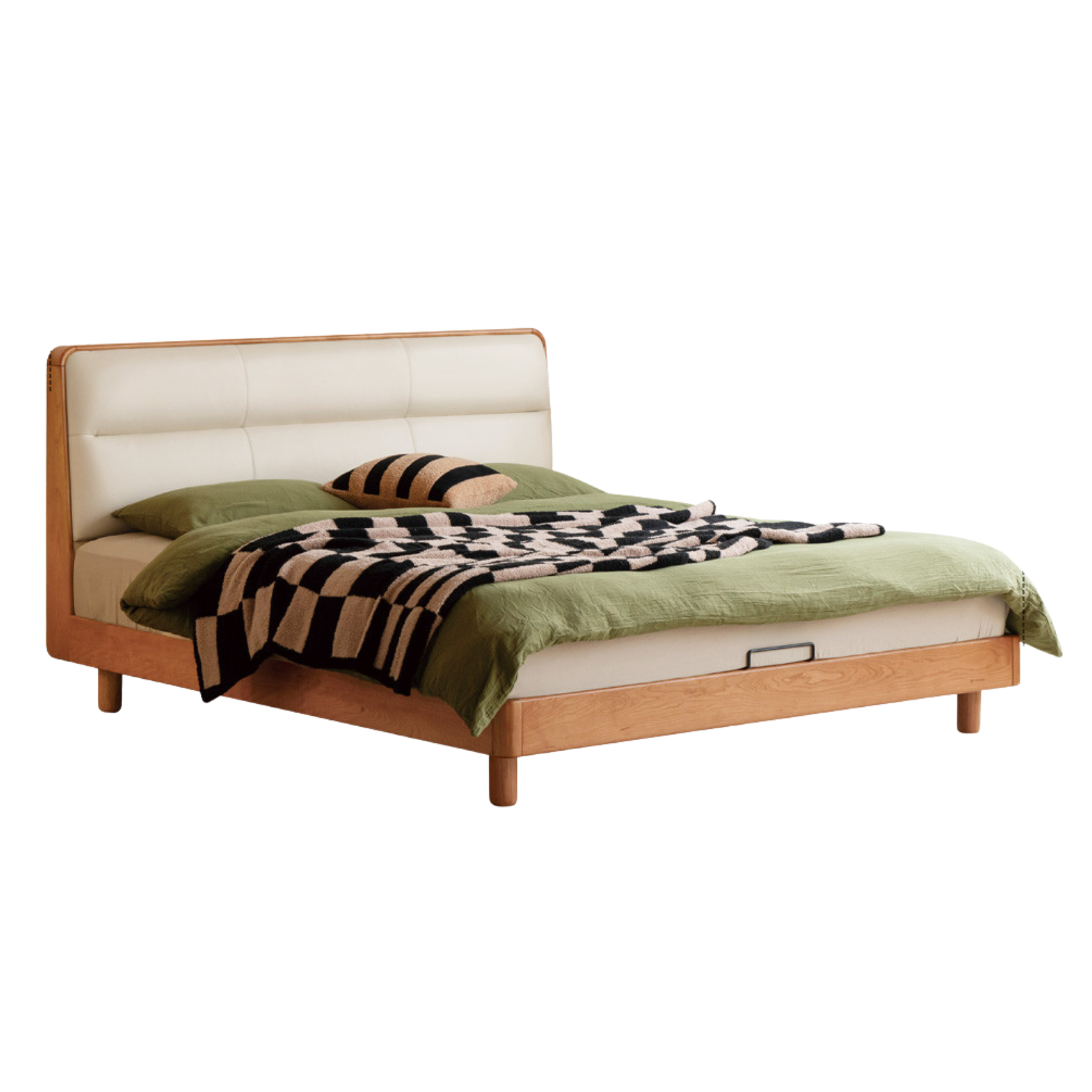 Cherry Solid Wood Bed with Retro Edge and Soft Headboard