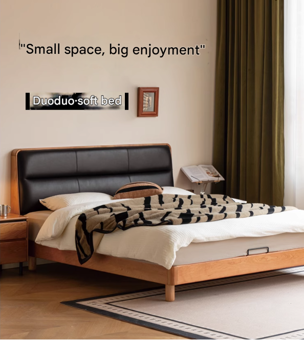 Cherry Solid Wood Bed with Retro Edge and Soft Headboard