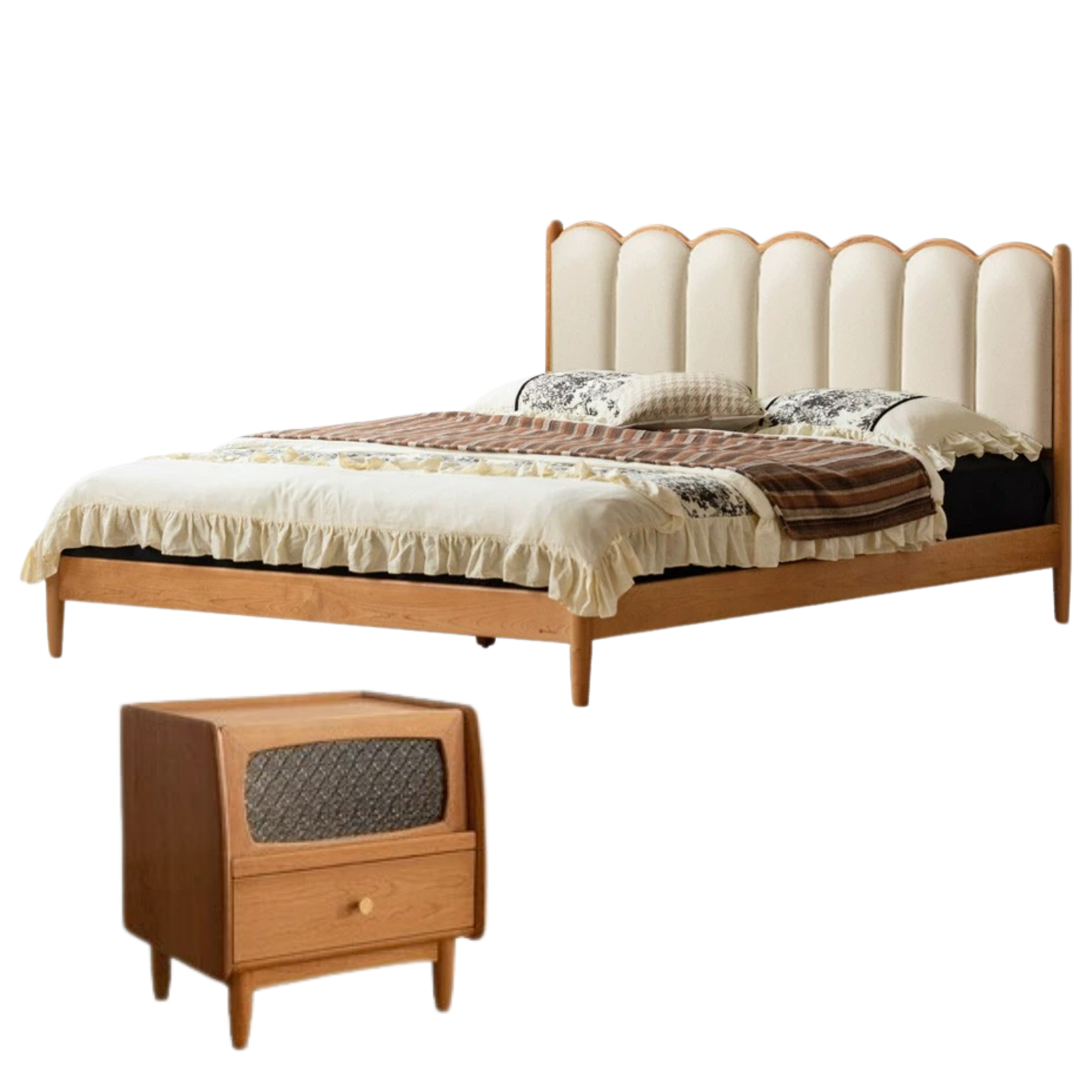 Cherry Solid Wood Soft Bed Retro