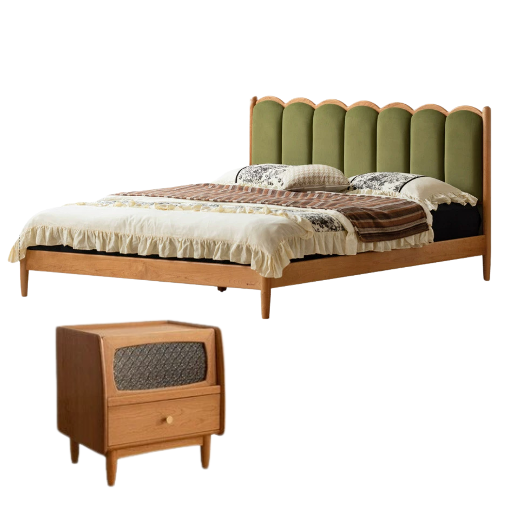 Cherry Solid Wood Soft Bed Retro