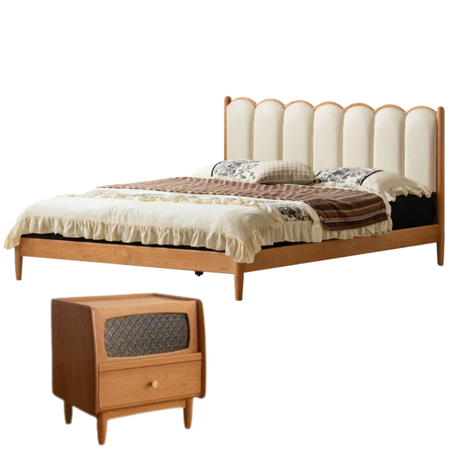 Cherry Solid Wood Soft Bed Retro